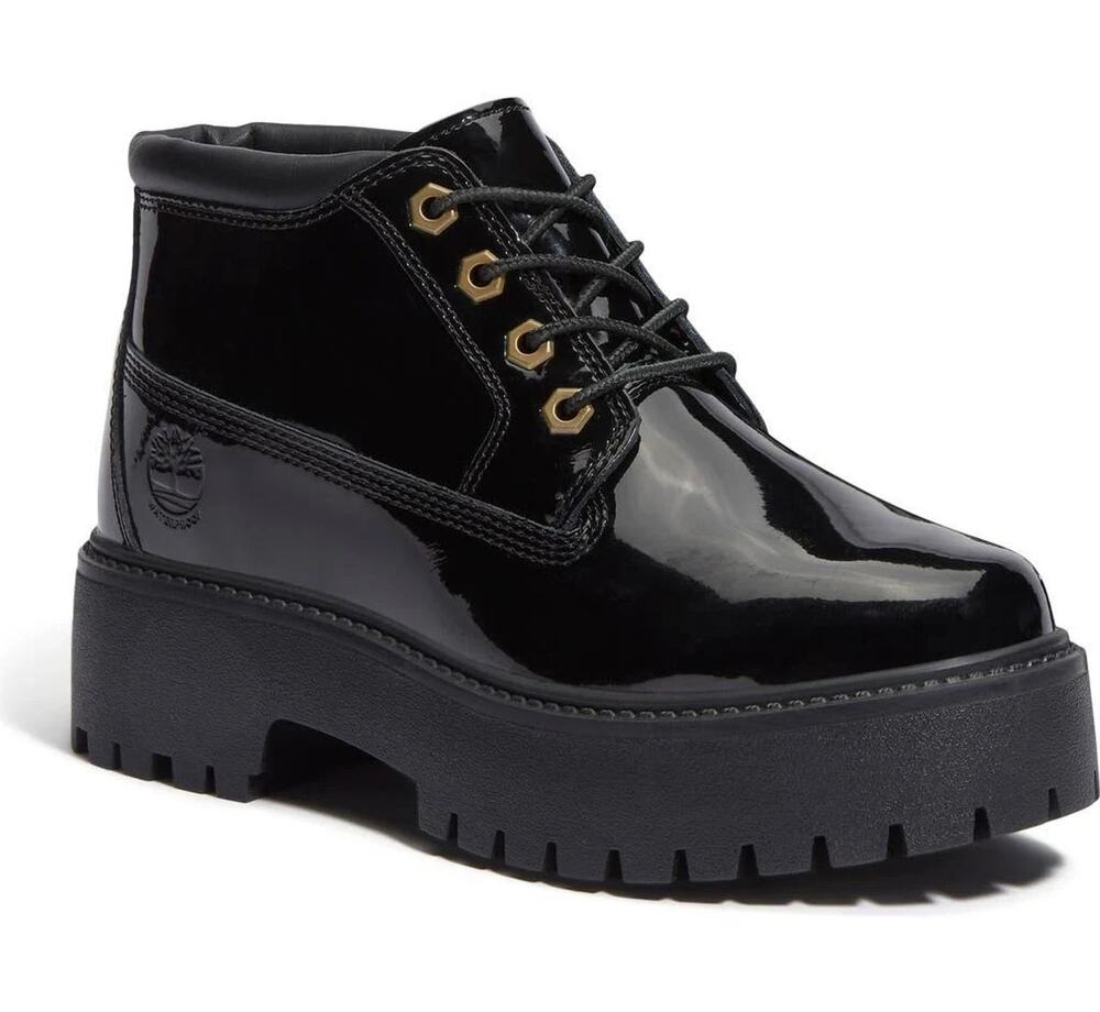 Timberland Women's Stone Street Mid Waterproof Platform Boots in Black Patent